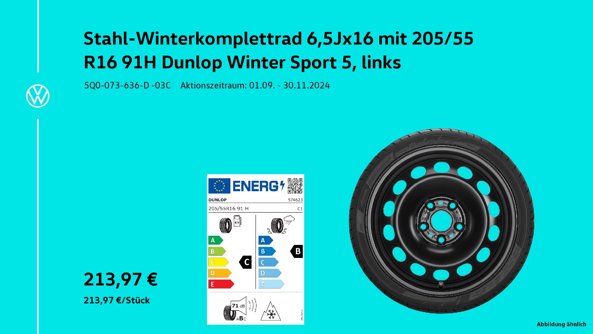 Stahl Winterkomplettrad 6,5Jx16 mit 205/55 R16 91H Dunlop Winter Sport 5