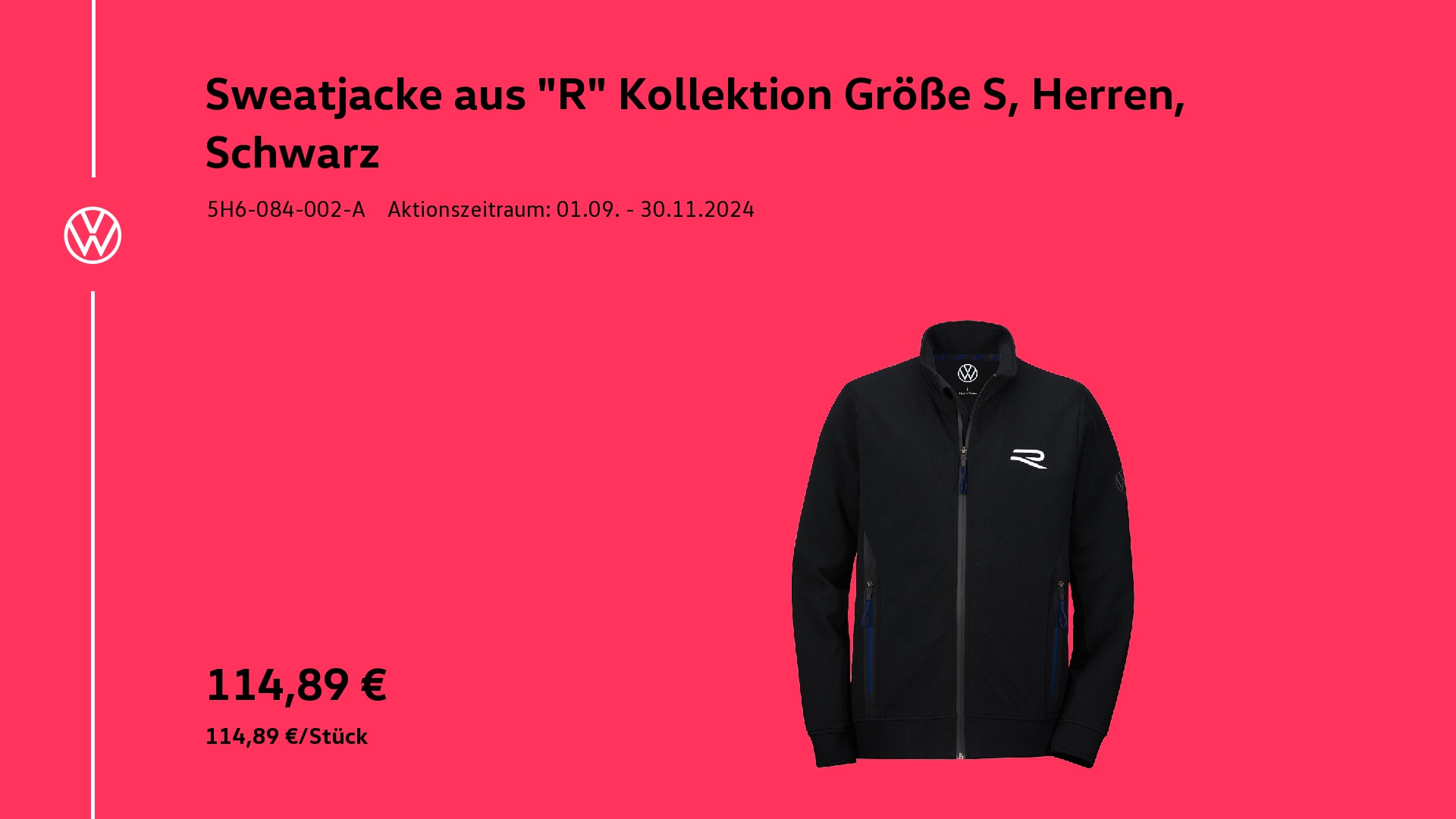 Original Volkswagen Sweatjacke "R" Kollektion Größe S Herren Schwarz